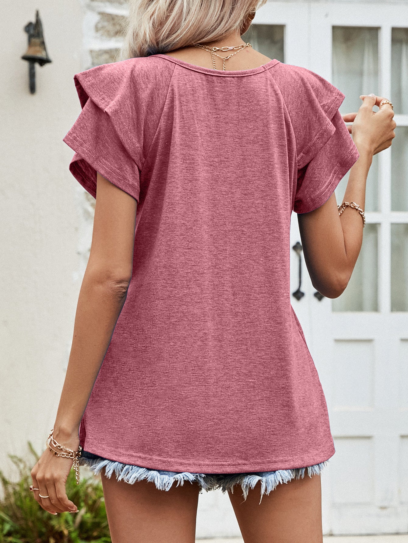 Women's Clothing Top V Neck Double Layer Ruffled Short Sleeves Women T Shirt