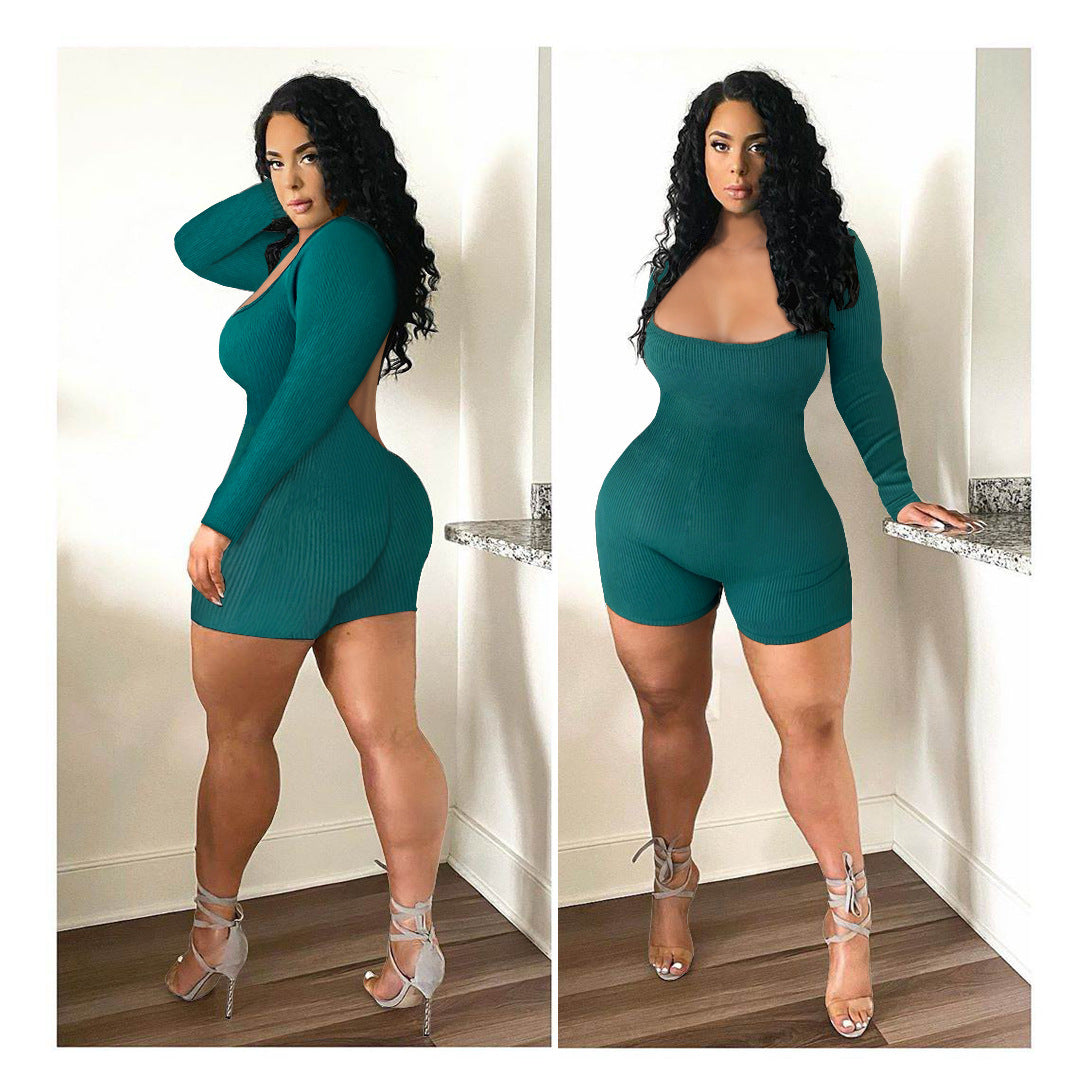 Women Clothing Goods Comfortable Rib Fabric Solid Color Sexy Backless Jumpsuit