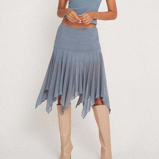 Summer Women Slim Sexy Irregular Asymmetric Mesh Pleated Skirt