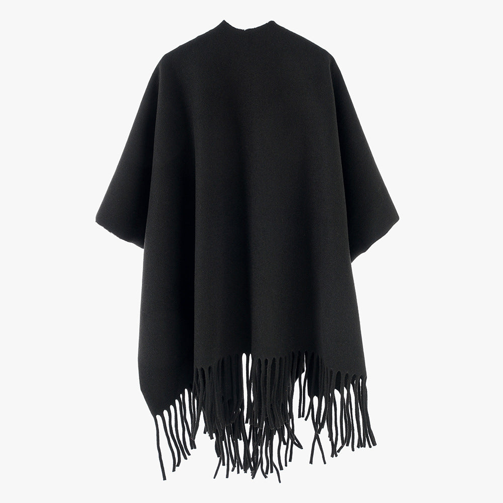 Solid Color All Matching Cashmere Tassel Shawl for Women Fall Winter Retro Travel Warm Outerwear Cloak Robe