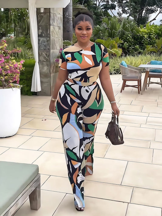 Printed Slim Fit Short Sleeved Casual High Waist Trousers Suit Two Piece Set