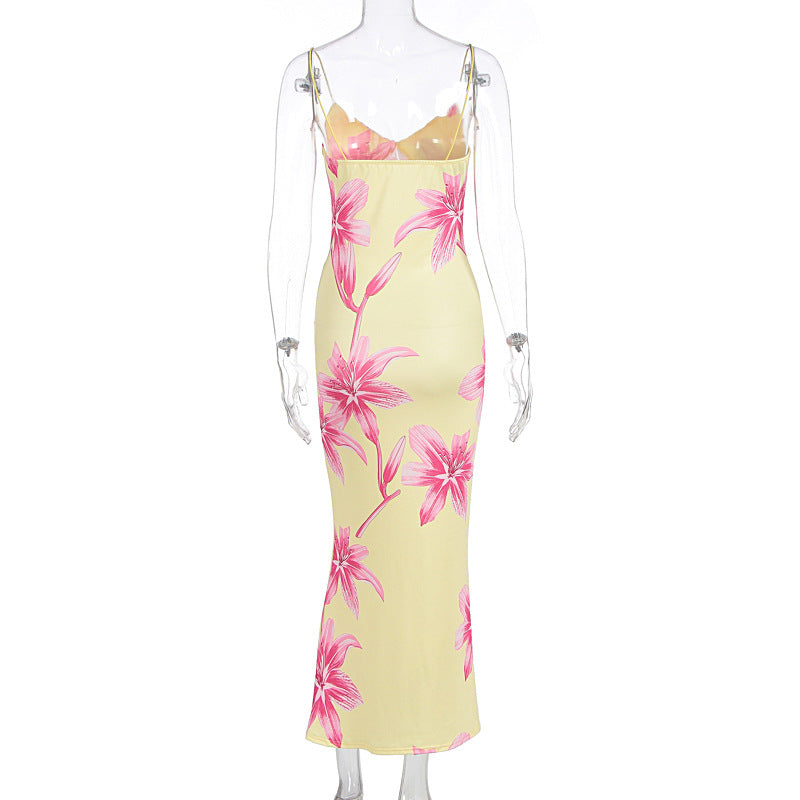 Summer Women Clothing Sexy Printing V-neck Brace Backless Slimming Dress