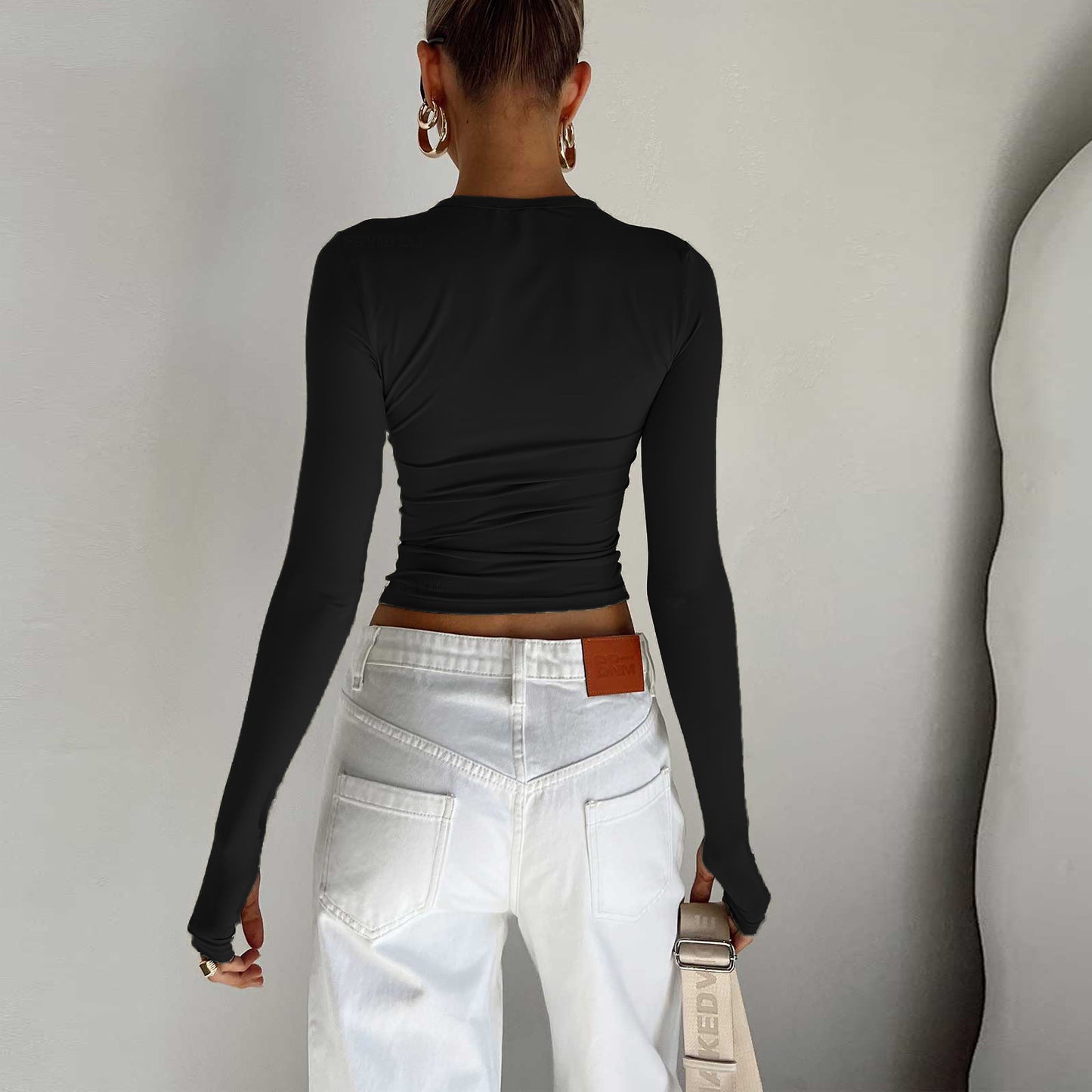 Women Clothing Solid Color Bottoming Round Neck T Shirt Sexy Slim Fit Slimming Long Sleeves Top T Shirt Autumn Winter