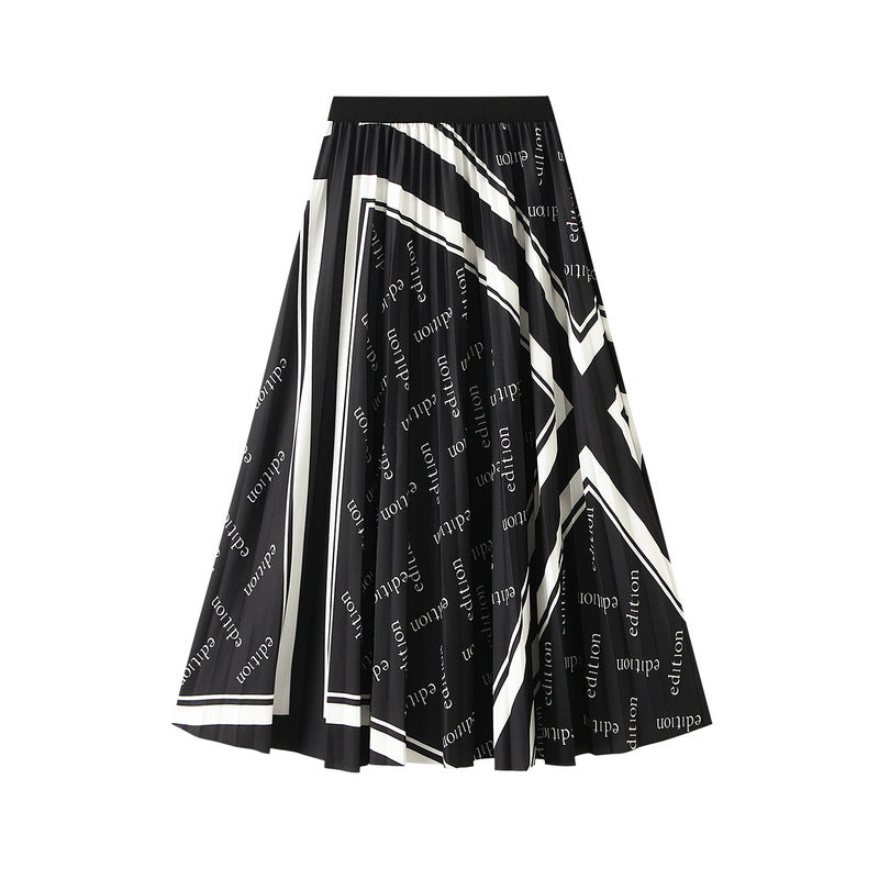 Pleated Letter Graphic Printed Skirt for Women Autumn Elastic Waist Mid Length Big Hem Umbrella Skirt