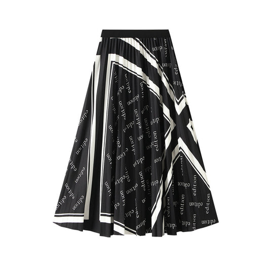 Pleated Letter Graphic Printed Skirt for Women Autumn Elastic Waist Mid Length Big Hem Umbrella Skirt
