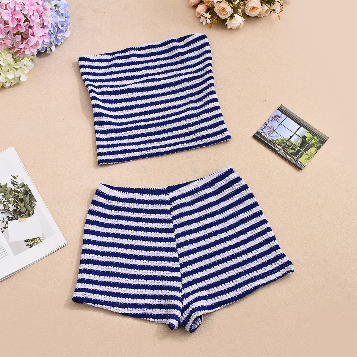 Women Clothing Internet Expert Bandeau Sexy Cropped Exposed Mixed Color Stripe Shorts Two Piece Sets