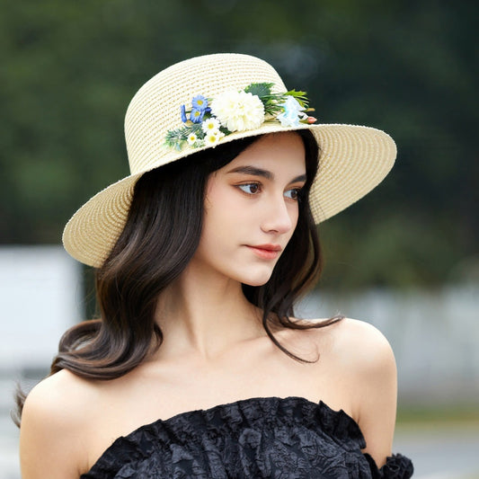 Bucket Hat Flat Brim Straw Hat Women Vacation Sun Hat French Floral Top Hat Sun Hat