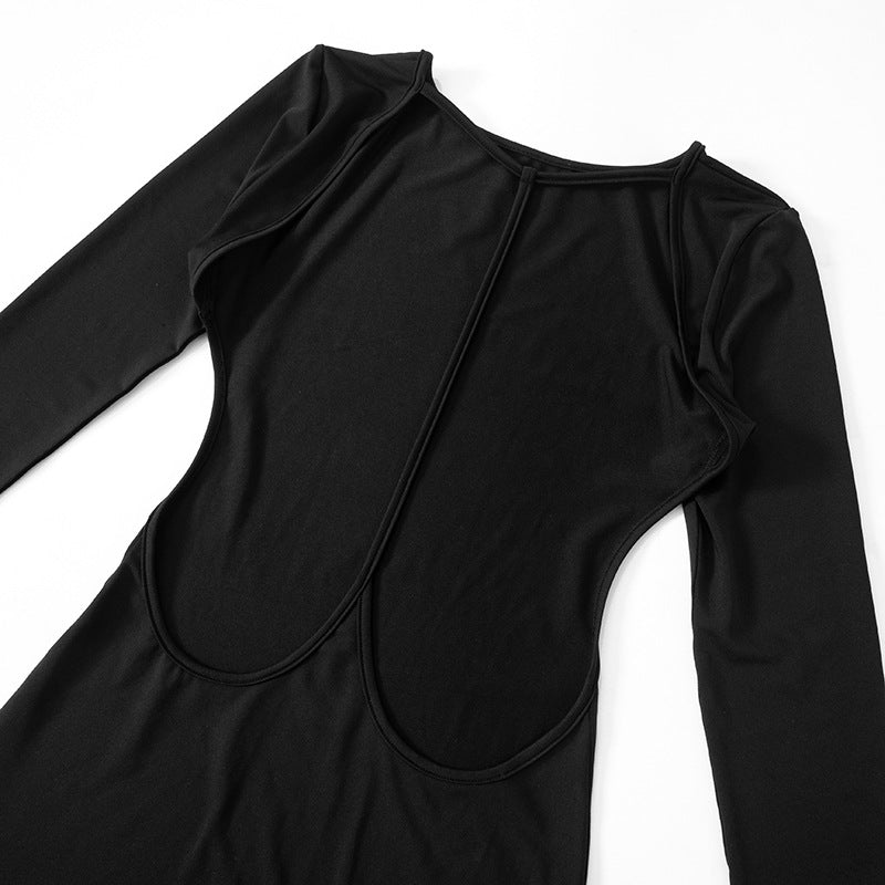 Women Clothing Summer Solid Color Round Neck Backless Slim Fit Sheath Dress