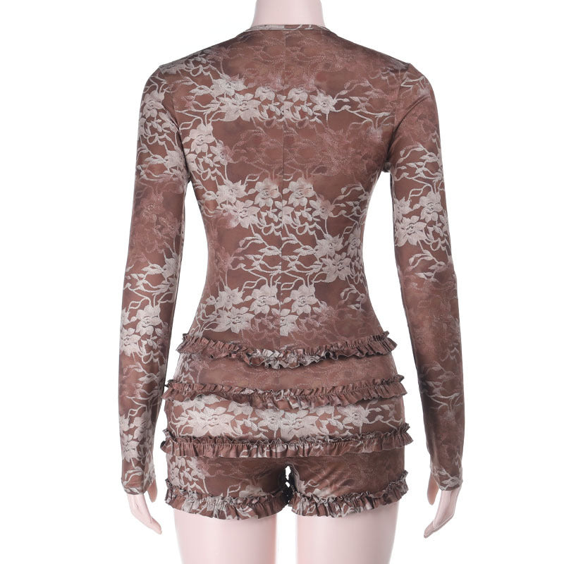 Autumn Winter Sexy Tight Deep V Plunge Long Sleeve Printing Romper