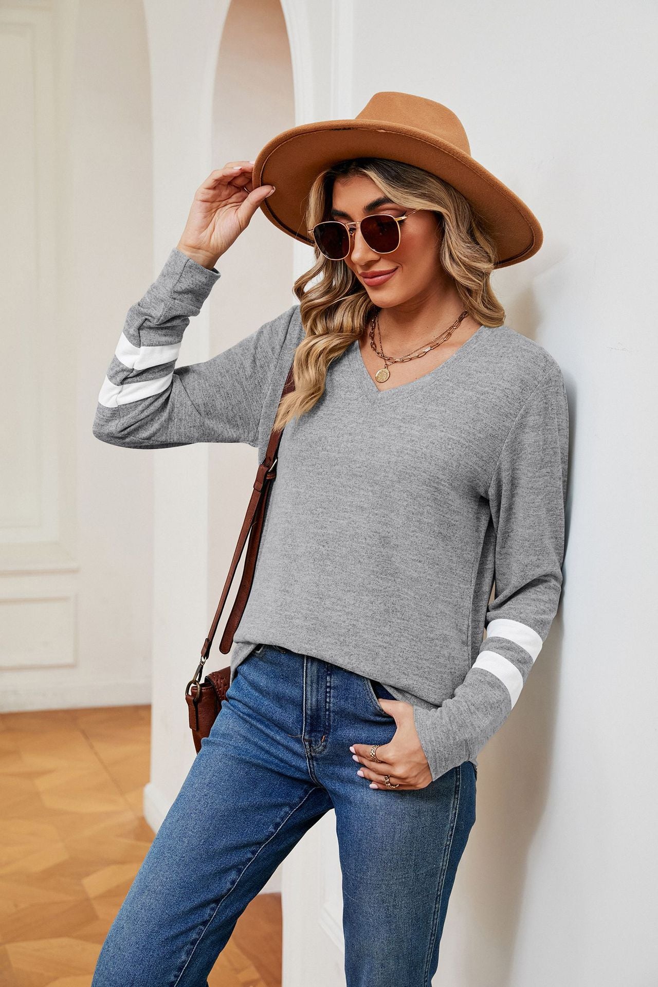 Autumn Winter Solid Color V neck Color Contrast Patchwork Loose Long Sleeved T shirt Top