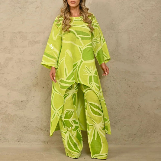 Women Clothing Stylish Loose Printing Irregular Asymmetric Top High Waist Straight Pants Set