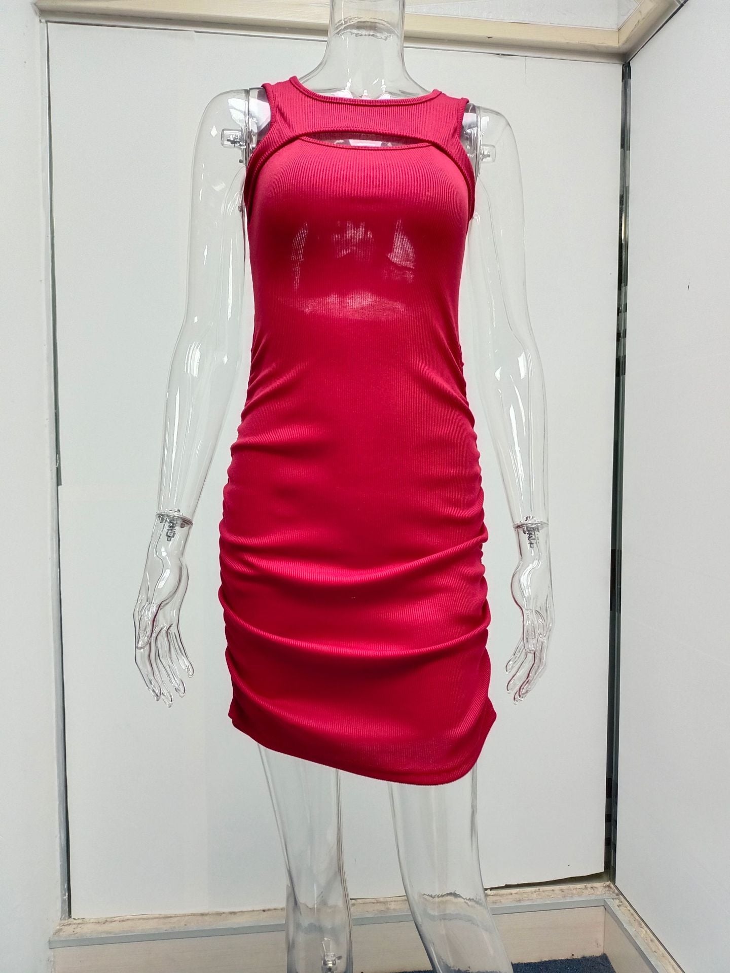 Hollow Out Cutout Vest Sexy Topless Pleated Slim Sheath Sleeveless Dress for Women