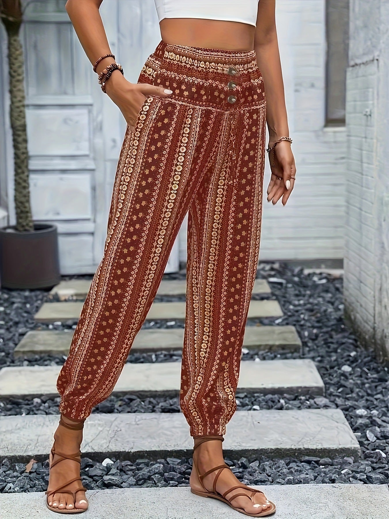 Spring Summer Women Clothing Bohemian Ethnic Print Loose Slimming Draping Effect Elastic Waist Ankle Tied Casual Pants