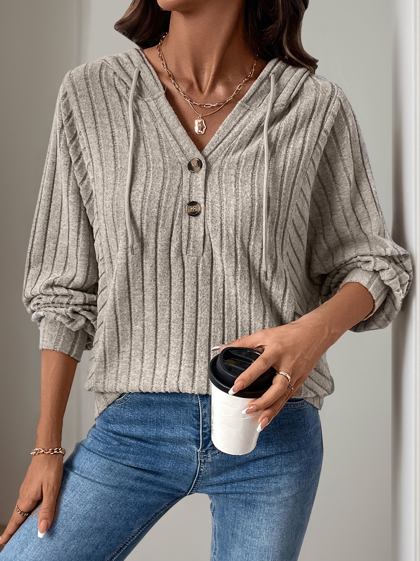 Inner Wear Home Casual Laid Sunken Stripe Hooded Solid Color Sweater Top