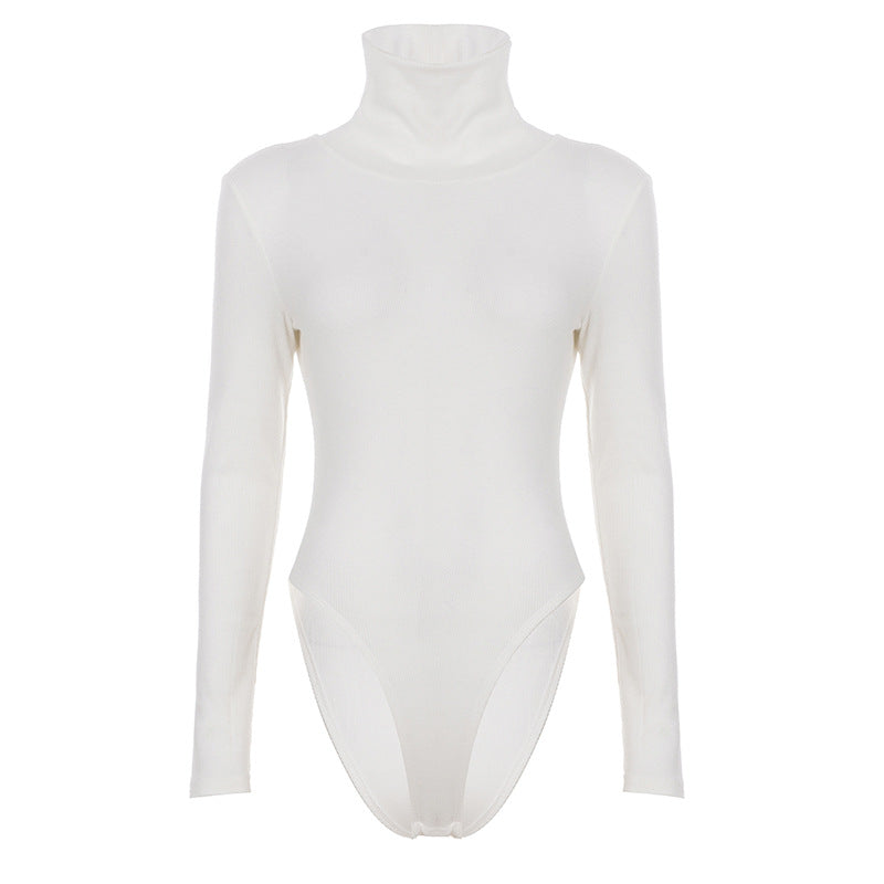 Autumn Winter Solid Color Turtleneck Knitting Threaded Tight Jumpsuit Women Basic Casual Long Sleeve Bottoming Shirt