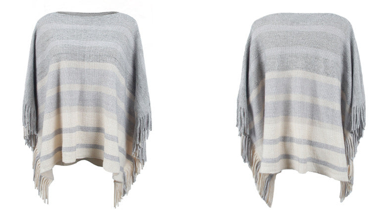 off Neck Tassel Shawl Women Autumn Contrast Color Striped Cape Coat
