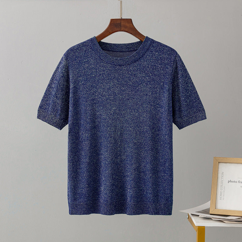 Women Clothing Summer Bright Silk Slim Fit Slimming Short Sleeved Sweater Pullover Top T shirt Bottoming Shirt