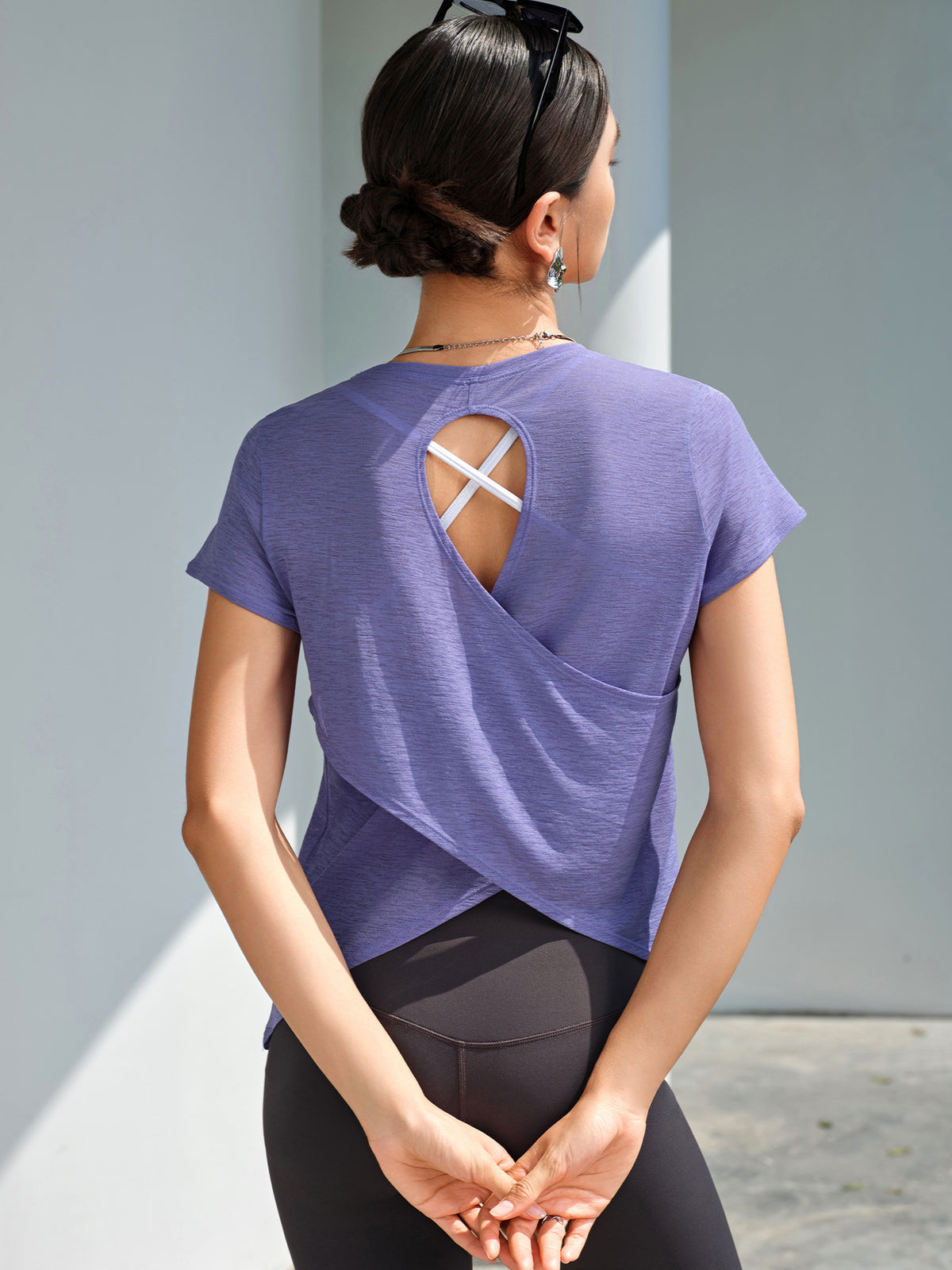 Bunchy Yarn Yoga Short Sleeve T shirt Cross Hollow Out Cutout out Beauty Back Top Sports Quick Drying Crew Neck Running Fitness Clothes