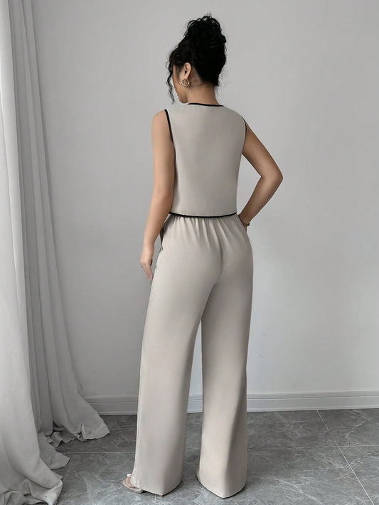 Real Shot Women Clothing Vest Lace up Sexy Sleeveless Top High Waist Wide Leg Pants
