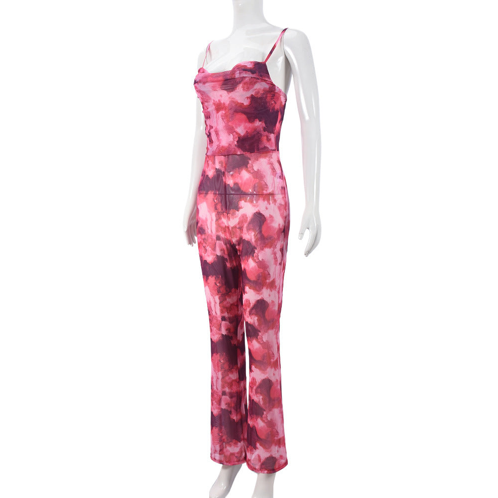 Women Clothing Autumn Mesh Floral Print Backless Sexy Suspenders Jumpsuit