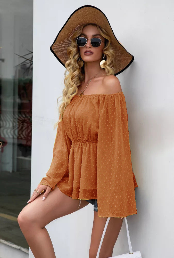 Mature Elegant Pullover Long Sleeve Square-Neck off-Neck Slim Shirt for Women