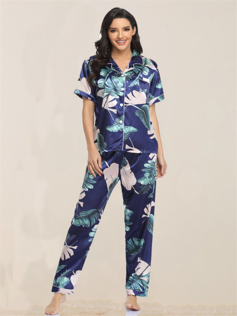 Imitated Silk Pajamas Women Home Wear Two-Piece Short-Sleeved Trousers