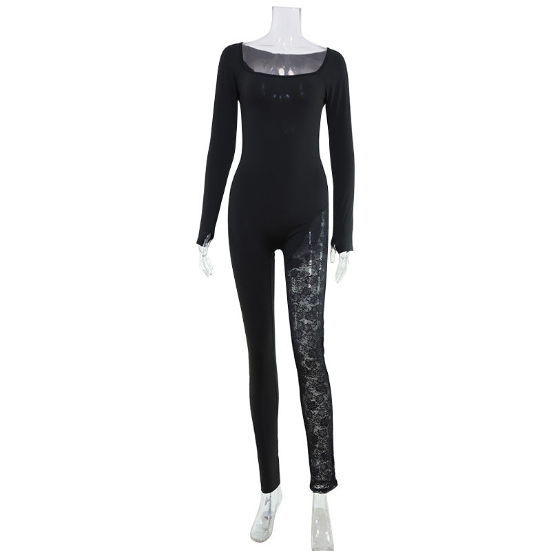 Tight Long Sleeve Square Neck off Shoulder Long Sleeve Trousers Lace Stitching Sexy Slim Fit Bodysuit