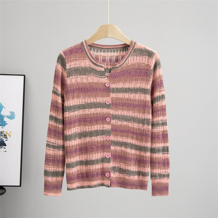 Round Neck Contrast Color Top Women Striped Long Sleeved Coat Autumn Casual Loose Knitted Cardigan