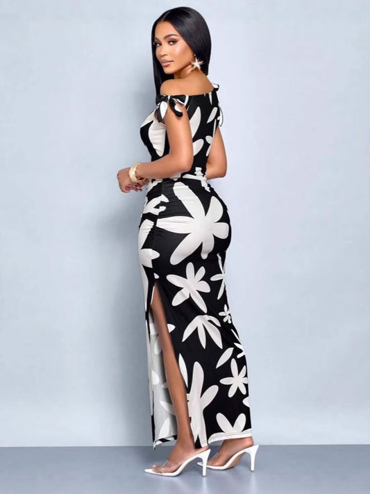 Dress Women Fashionable Floral One Shoulder Ruffled Waist Tight Dress