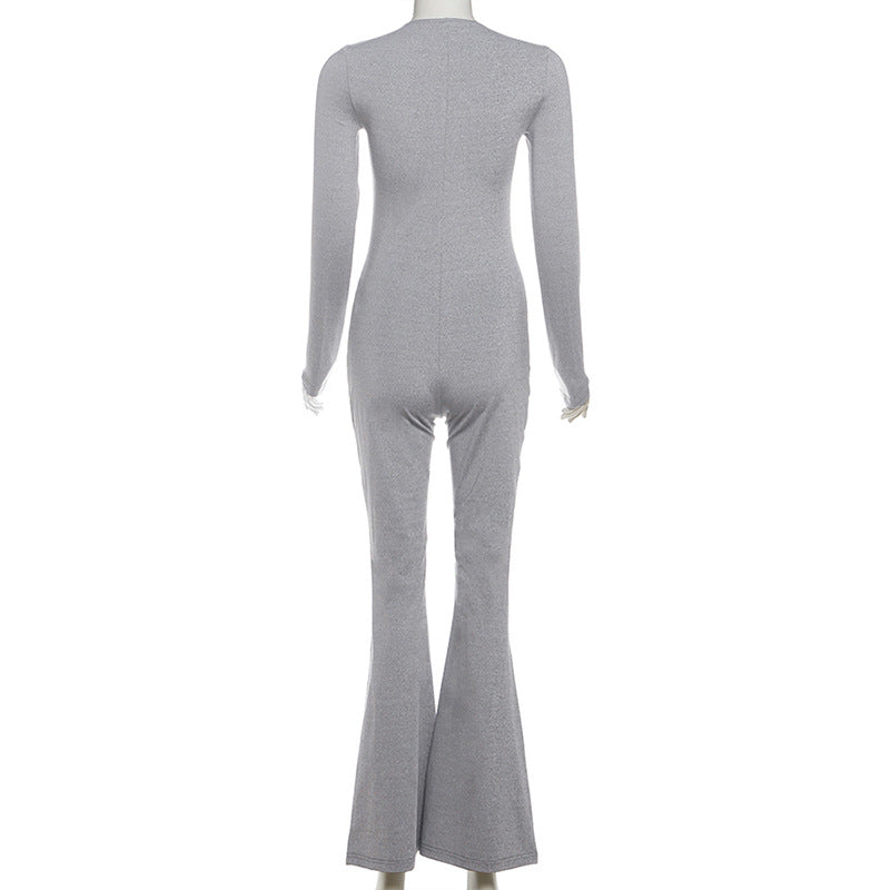 Women Clothing Autumn Solid Color V neck Button Tight Long Sleeve High Waist Micro Pull Jumpsuit