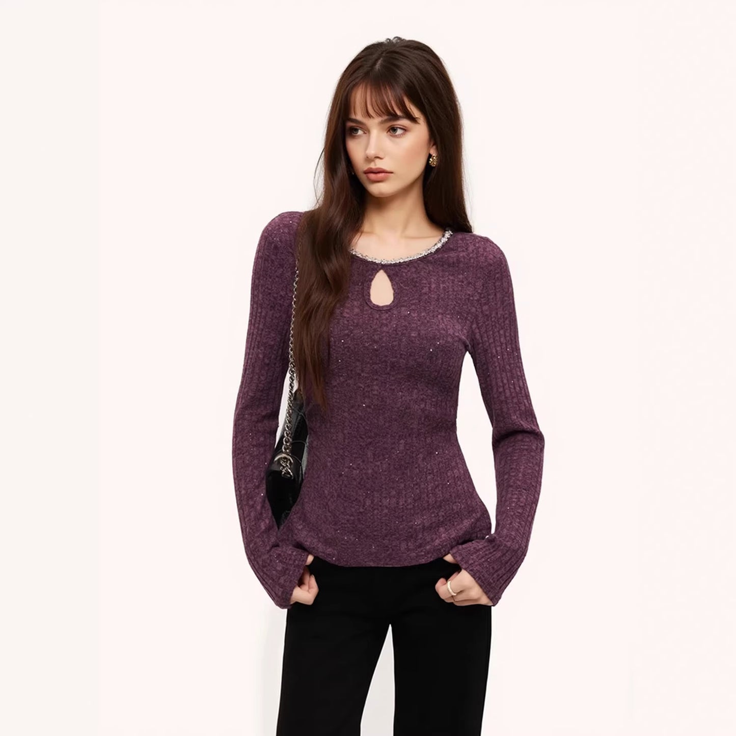 Diamond Accessories Purple Slim Bottoming Women Autumn Winter Niche Long Sleeves Inner Wear