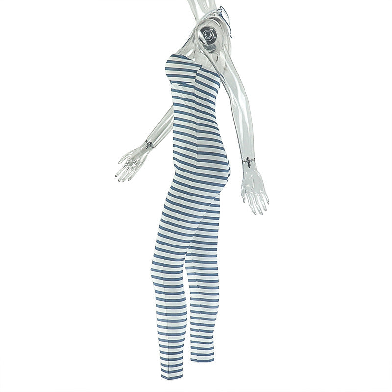 Personality Women Striped Printed Halter Wrapped Chest Jumpsuit Sexy Backless Sports Long Jumpsuit