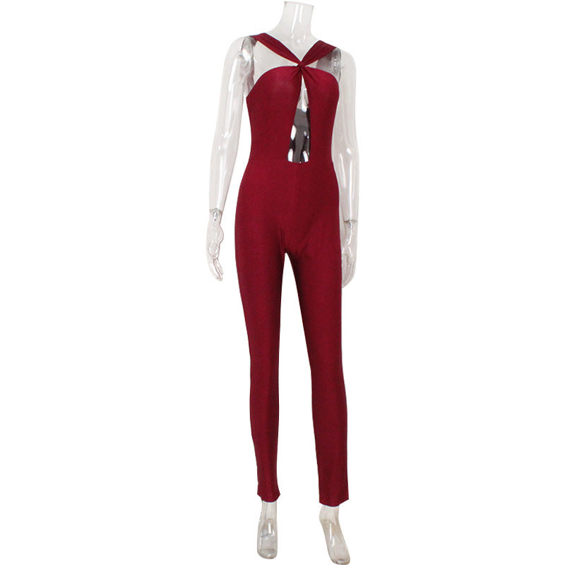 Close Fitting Slim Fitting Elegant Halter Tube Top Hollow Out Cutout Sexy One Piece Jumpsuit
