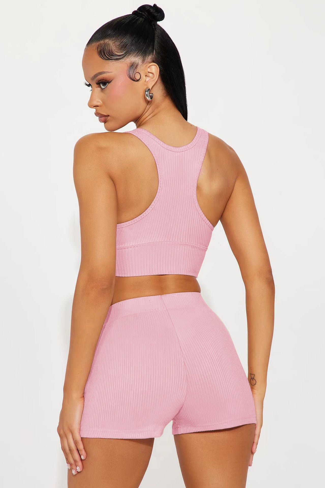 Women Clothing Casual Solid Color Rib Fabric Two Piece Set