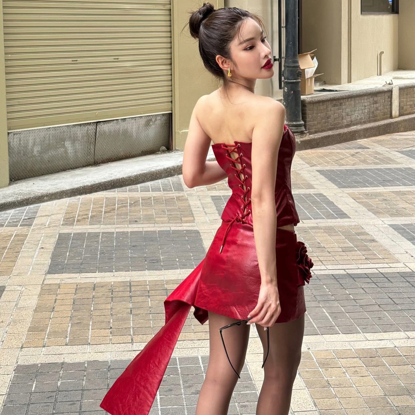 Women Clothing Autumn French Sexy Three Dimensional Floral Faux Leather Tube Top Vest Hip Skirt Set