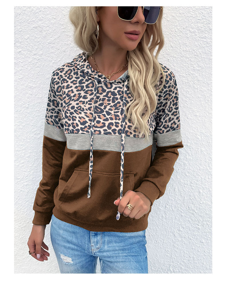 Autumn Women Clothing With Pocket Hoodie With Drawstrings Stitching Leopard Print Sweatshirt