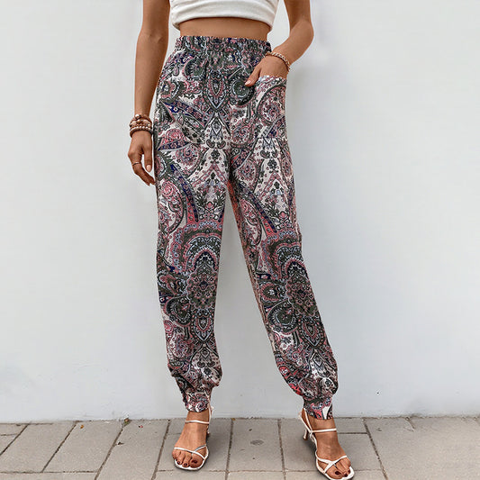 Holiday Travel High Waist Elastic Waist Ethnic Print Loose Bloomers