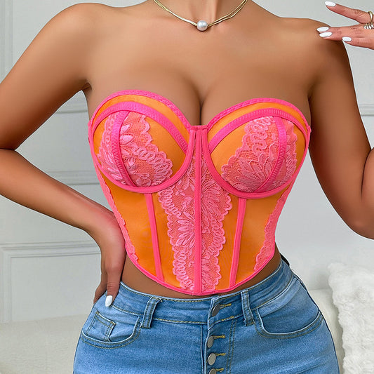 Pink Boning Corset Bra Sexy Top Steel Ring Boning Corset Tube Top Vest