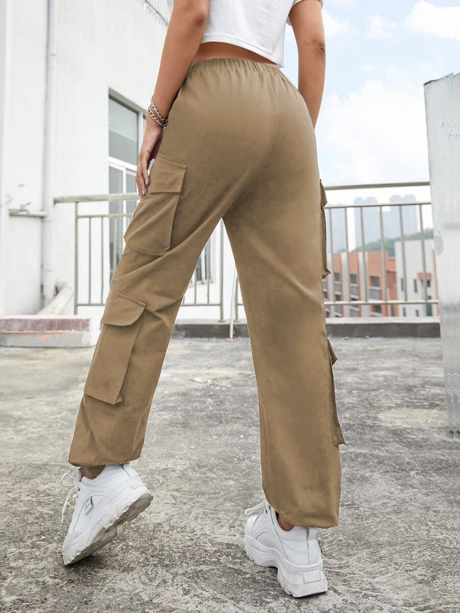 High Street Hip Hop Women Pants Trendy Trousers Multi Pocket Street Overalls Loose Straight Leg Ankle Banded Pants