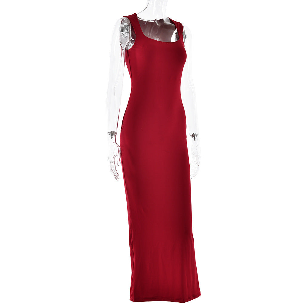 Square Collar Sleeveless Cold Shoulder Dress Sexy Slim Solid Color Dress Spring Summer