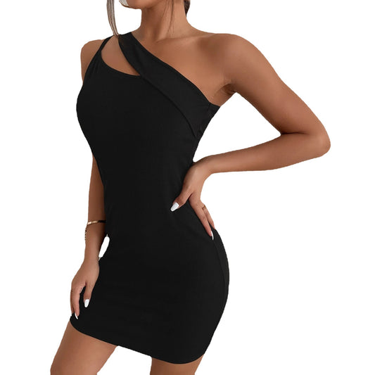 Black Cut-out off-the-Shoulder Slip Dress Sexy Slit Shoulder Hip Irregular Asymmetric Slim-Fit Slim Backless Dress