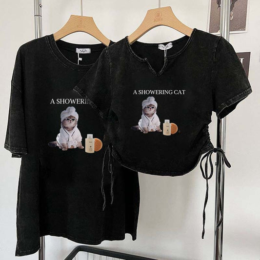 Boyfriend Couple Wear Drawstring Short T shirt Pure Cotton Retro Washed Distressed Sweet Spicy Short Sleeve Top