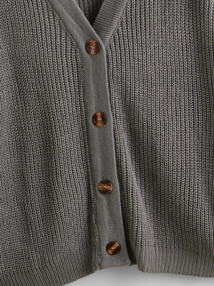 Lantern Sleeve Autumn Winter V neck Cardigan Women Solid Color Coat Simple Outer Knitted Sweater Button