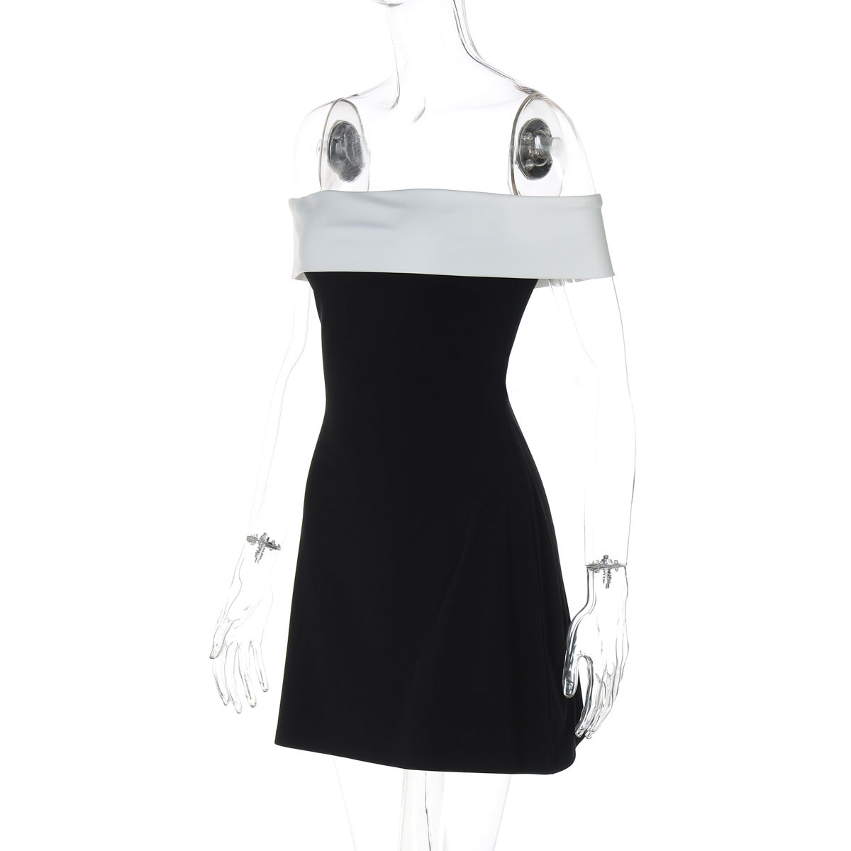 Women Clothing Summer Tube Top off the Neck Stitching Contrast Color Waist Tight Slimming Fashionable Dress