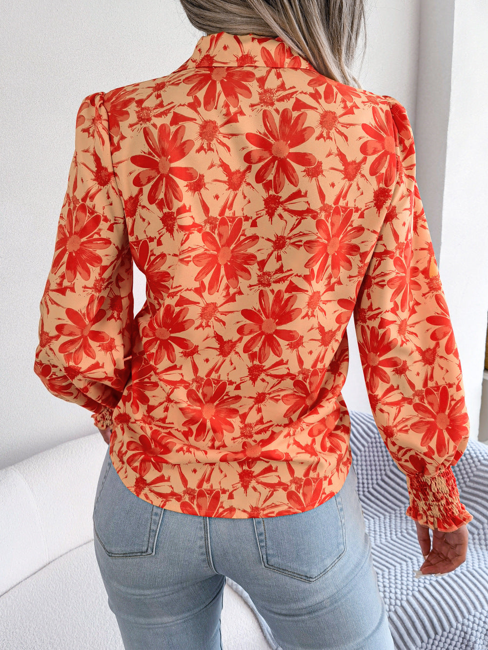 Spring Summer Casual Lantern Sleeve Contrast Color Floral Collared Shirt Women Clothing