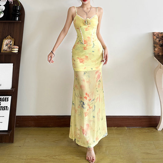 Spring Summer Women Clothing French Vacation Printed Suspender Sexy Backless Slim Fit Waist Dress Women