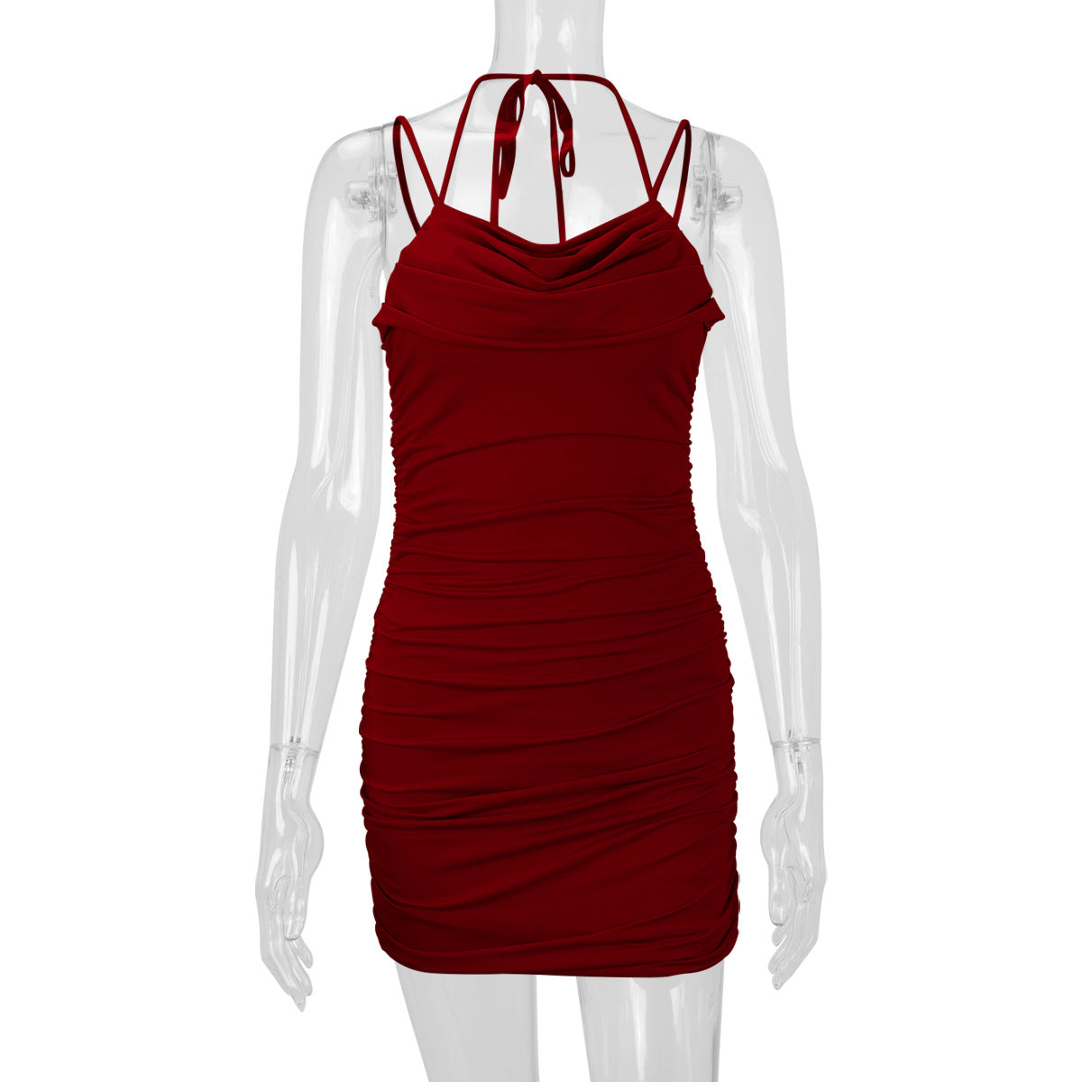 Women Clothing Sexy Double Shoulder Strap Pleated Slim Sexy Dress