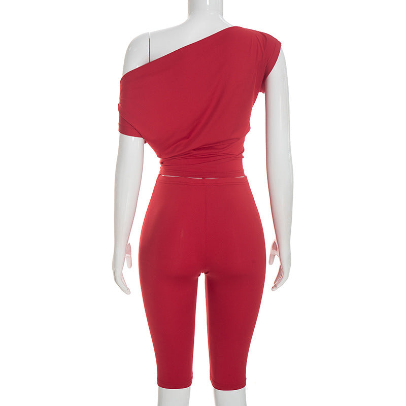 Women Clothing Autumn Solid Color One Shoulder Short Sleeve Top Tight Capri Pants Two Piece Set