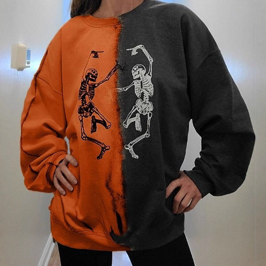 Fall Women Tops Skull Printing Color Contrast Personality Street Loose Sweater Women