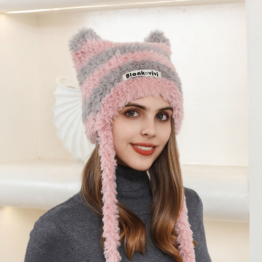 Striped Contrast Color Letter Graphic Braid Woolen Cap Women Winter Warm Casual Cute Plush Earmuffs Hat